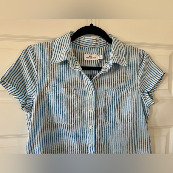Vineyard Vines Linen Blue White Striped Reverse Print Shirtdress - Picture 2 of 11